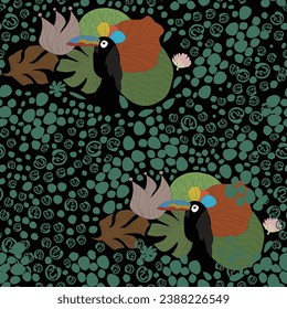 seamless textile trendy vector pattern with toucans on a branch in tropical nature in exotic with tropical leaves abstract painting and geometric pattern 