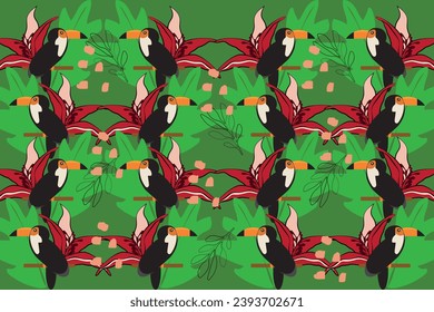 seamless textile trendy vector pattern with toucans on a branch in tropical nature in exotic with tropical leaves abstract painting.