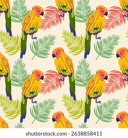 Seamless textile trendy vector pattern with exotic birds on a branch in tropical nature in exotic with tropical leaves abstract painting .Hand drawn illustration for fabric , paper and web design .