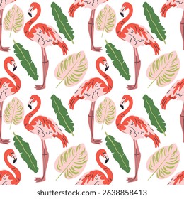 Seamless textile trendy vector pattern with exotic birds on a branch in tropical nature in exotic with tropical leaves abstract painting .Hand drawn illustration for fabric , paper and web design .