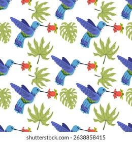 Seamless textile trendy vector pattern with exotic birds on a branch in tropical nature in exotic with tropical leaves abstract painting .Hand drawn illustration for fabric , paper and web design .