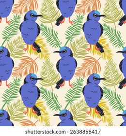 Seamless textile trendy vector pattern with exotic birds on a branch in tropical nature in exotic with tropical leaves abstract painting .Hand drawn illustration for fabric , paper and web design .