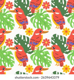 Seamless textile trendy vector pattern with exotic birds on a branch in tropical nature in exotic with tropical leaves abstract painting .Hand drawn illustration for fabric , paper and web design .