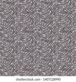 Seamless textile vector pattern. Hand drawn hessian cloth texture. Repeating abstract tileable background. Monochrome mesh surface design, woven fibres all over print, curved line structure wallpaper.