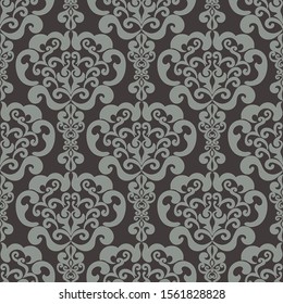 Seamless textile Wallpaper Damascus on a brown background, pattern in gray and turquoise tones.