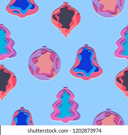 Seamless texture with 3d festive Illustrations of Christmas decorations cut from paper. Vector pattern for fabrics, backgrounds, wallpapers and your creativity