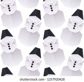 Seamless texture with 3D paper origami snowman. Vector background for wrapping paper, backgrounds and your creativity