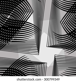 Seamless texture.
Abstract, black and white geometric pattern composed of rectangles and curved lines.