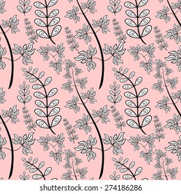 Seamless texture with abstract branch, hand drawn pattern, ornate black and white branch on pink background