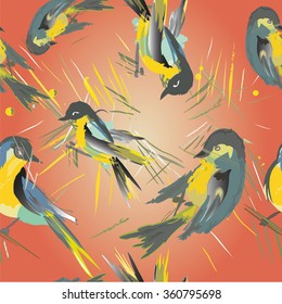 Seamless texture with abstract colorful birds on light red background