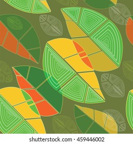 Seamless texture with abstract colorful leaves on green background with white decorative patterns