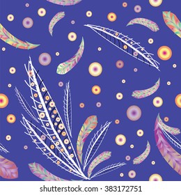 Seamless texture with abstract decorative feathers and colorful circles on blue background