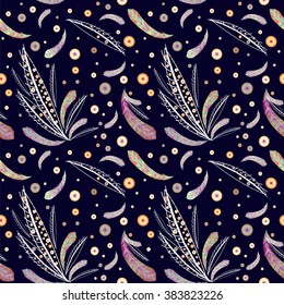 Seamless texture with abstract decorative feathers and colorful circles on dark blue background