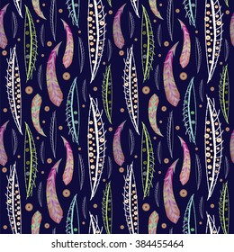 Seamless texture with abstract decorative feathers and colorful points on dark blue background