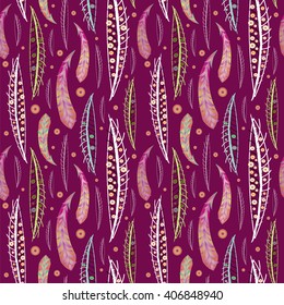Seamless texture with abstract decorative feathers and colorful points on purple background