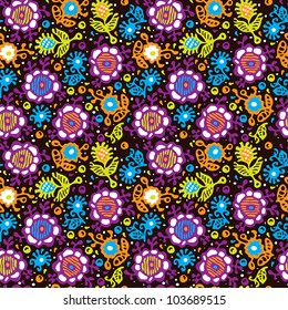 Seamless texture of abstract decorative flowers on a dark background / Floral pattern