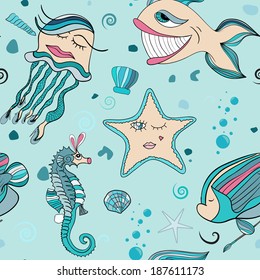 seamless texture with abstract fish and underwater sea world. jellyfish in stockings