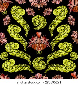 seamless texture abstract flower peony on black background. china style