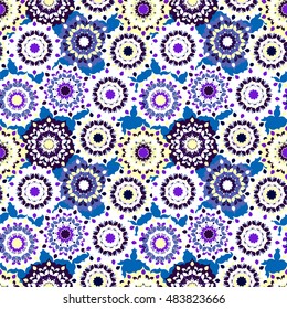 Seamless texture with abstract flowers, blue and white colors, vector. Use to print on fabric, wallpaper, wrapping paper, background and much more