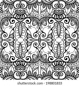 Seamless texture with abstract flowers, colorful ethnic ornament, hand drawn pattern, ornate background