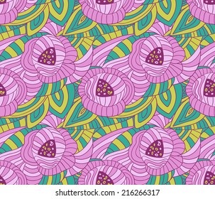 Seamless texture with abstract flowers. Endless background. Ethnic seamless pattern. Bright pattern. Summer template. (vector)
