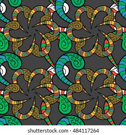seamless texture with abstract flowers green doodles mandala on dark green and blue background.