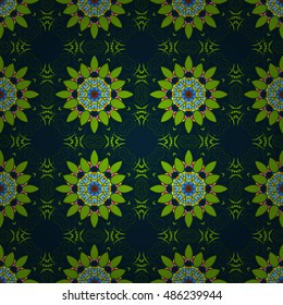 seamless texture with abstract flowers green doodles mandala on dark green background.