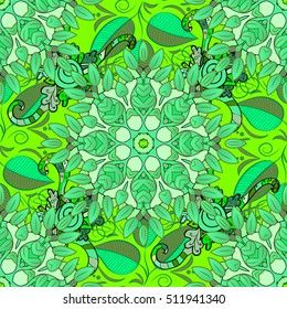 seamless texture with abstract flowers green doodles mandala on dark green background.