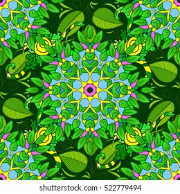 seamless texture with abstract flowers green doodles mandala on dark green background.