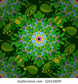 seamless texture with abstract flowers green doodles mandala on dark green background.