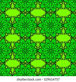 seamless texture with abstract flowers green doodles mandala on light green background.