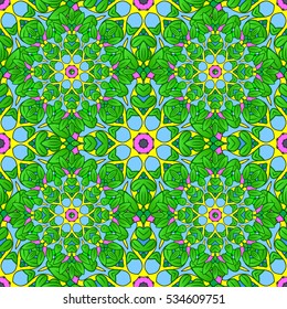 seamless texture with abstract flowers green doodles mandala on dark green background.