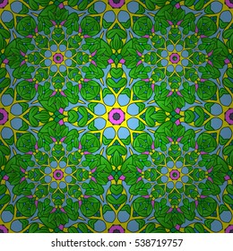 seamless texture with abstract flowers green doodles mandala on dark green background. Radial gradient shape. Vector.