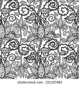 Seamless texture with abstract flowers, hand drawn pattern, ornate background black and white