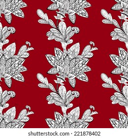 Seamless texture with abstract flowers, hand drawn pattern, ornate background black and white on red background 