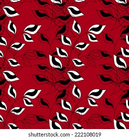 Seamless texture with abstract flowers, hand drawn pattern, ornate background black and white on red background 