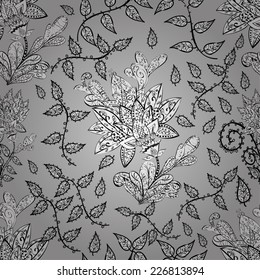 Seamless texture with abstract flowers, hand drawn pattern, ornate background black and white 