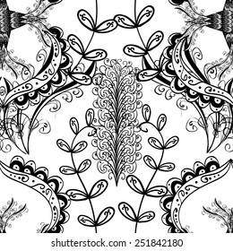 Seamless texture with abstract flowers, hand drawn pattern, ornate background black and white 