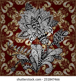 Seamless texture with abstract flowers, hand drawn pattern, ornate red background black and white. EPS 10. 