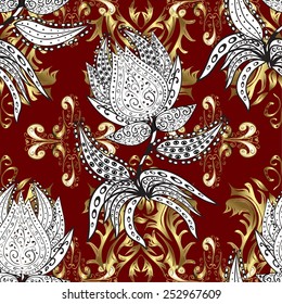 Seamless texture with abstract flowers, hand drawn pattern, ornate red background black and white.