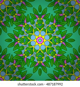 seamless texture with abstract flowers s green doodles leaves mandala on green background.
