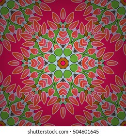 seamless texture with abstract flowers s green doodles leaves mandala on pink background.