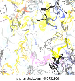 Seamless texture. Abstract vector background. Yellow, grey, pink, blue curved stripes on white backdrop