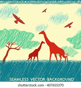Seamless texture African animals in doodle style. Vector.