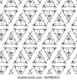 Seamless texture with all seeing eye pyramid symbol. Triangle with eye. Pattern. Original modern background for your design.