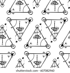 Seamless texture with all seeing eye pyramid symbol. Triangle with eye. Pattern. Original modern background for your design.