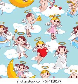Seamless texture with angels. angels and moon on the Cloud backgorund. It can be used for textile printing, Greeting card, invitation, announcement. Seamless pattern.