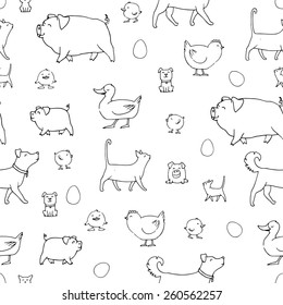 Seamless texture with animals and eggs. Hand drawn pattern. Ukraine