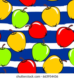 Seamless texture with apples of different colors on a background of blue-white, wide, roughly painted strips