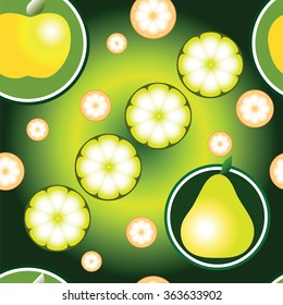 Seamless texture with apples, pears and citrus on bright green background